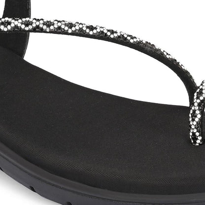 Valentino Women Black Silver Crystal Toe Loop Comfort Sandal
