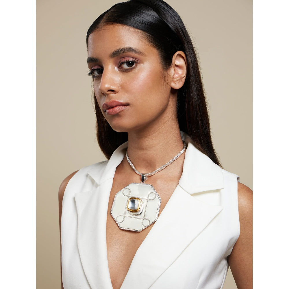 Valliyan White Polki Hexagon Medallion Necklace