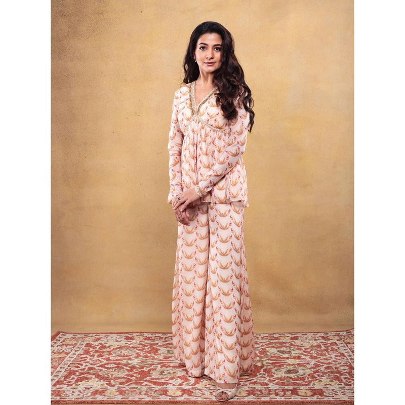 Vama Asher Blush Motif Peplum Beige Kurti With Palazzo (Set of 2)