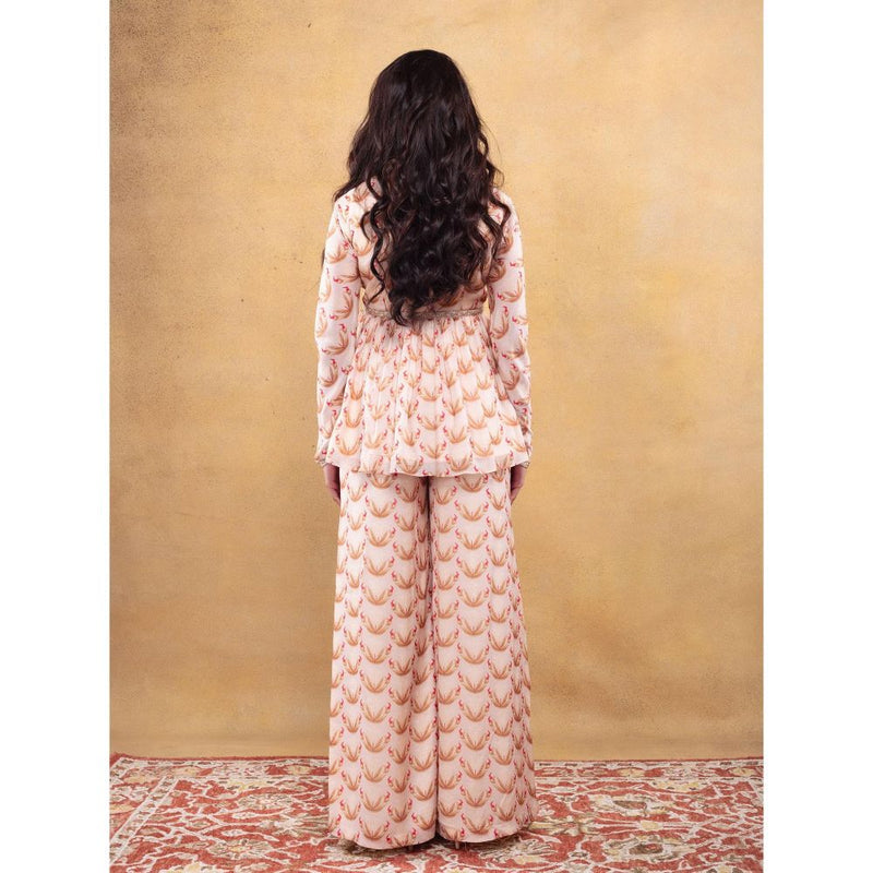 Vama Asher Blush Motif Peplum Beige Kurti With Palazzo (Set of 2)