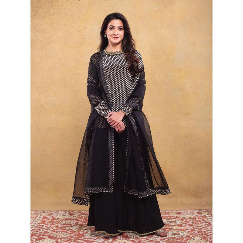 Vama Asher Black Butti Sharara With Kurti And Dupatta (Set of 3)