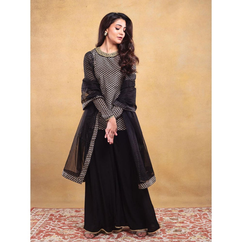 Vama Asher Black Butti Sharara With Kurti And Dupatta (Set of 3)