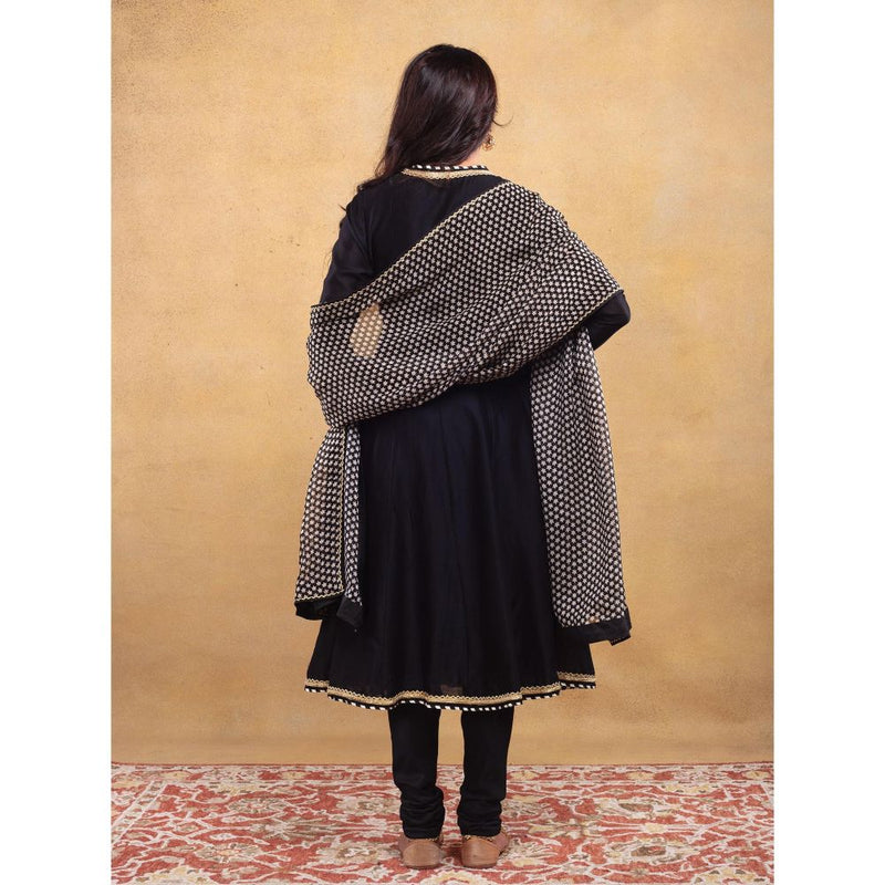 Vama Asher Black Angrakha Kurta With Churidar And Dupatta (Set of 3)