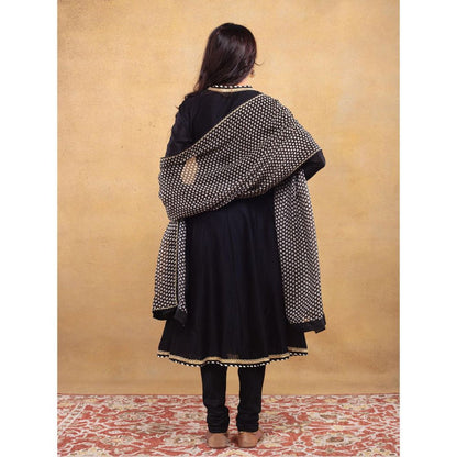 Vama Asher Black Angrakha Kurta With Churidar And Dupatta (Set of 3)