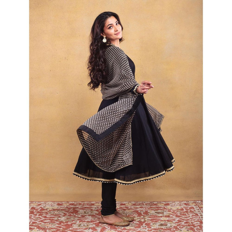 Vama Asher Black Angrakha Kurta With Churidar And Dupatta (Set of 3)