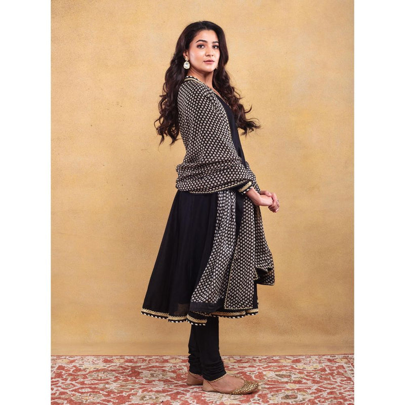 Vama Asher Black Angrakha Kurta With Churidar And Dupatta (Set of 3)