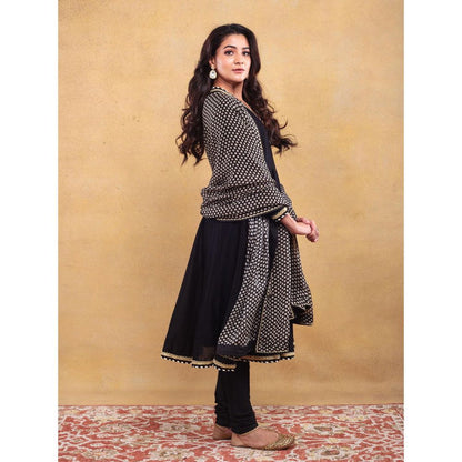 Vama Asher Black Angrakha Kurta With Churidar And Dupatta (Set of 3)