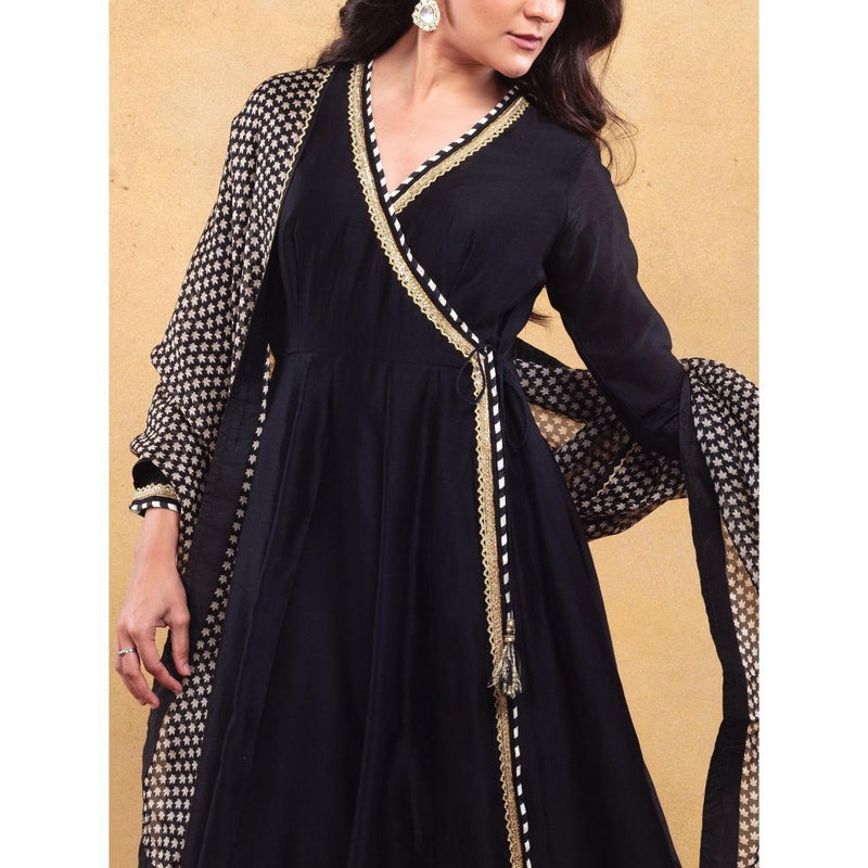 Vama Asher Black Angrakha Kurta With Churidar And Dupatta (Set of 3)