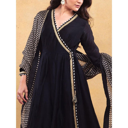 Vama Asher Black Angrakha Kurta With Churidar And Dupatta (Set of 3)