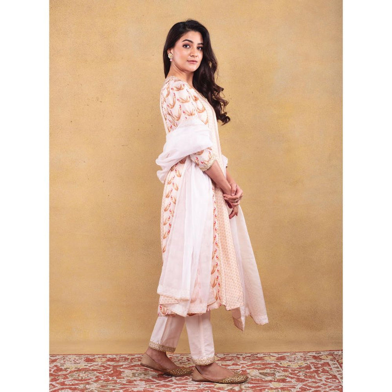 Vama Asher Blush Motif Kali Beige Kurta With Pant And Dupatta (Set of 3)