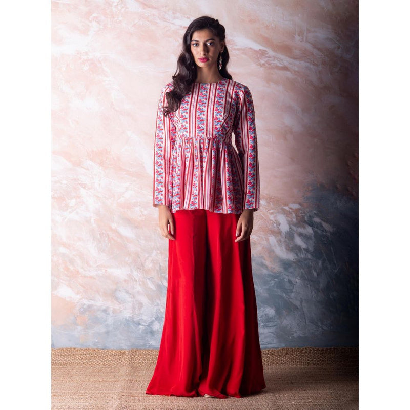 Vama Asher Red Bird Stripe Peplum Top With Palazzo (Set of 2)