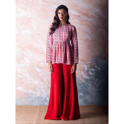 Vama Asher Red Bird Stripe Peplum Top With Palazzo (Set of 2)