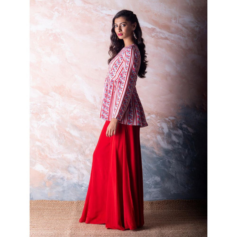 Vama Asher Red Bird Stripe Peplum Top With Palazzo (Set of 2)