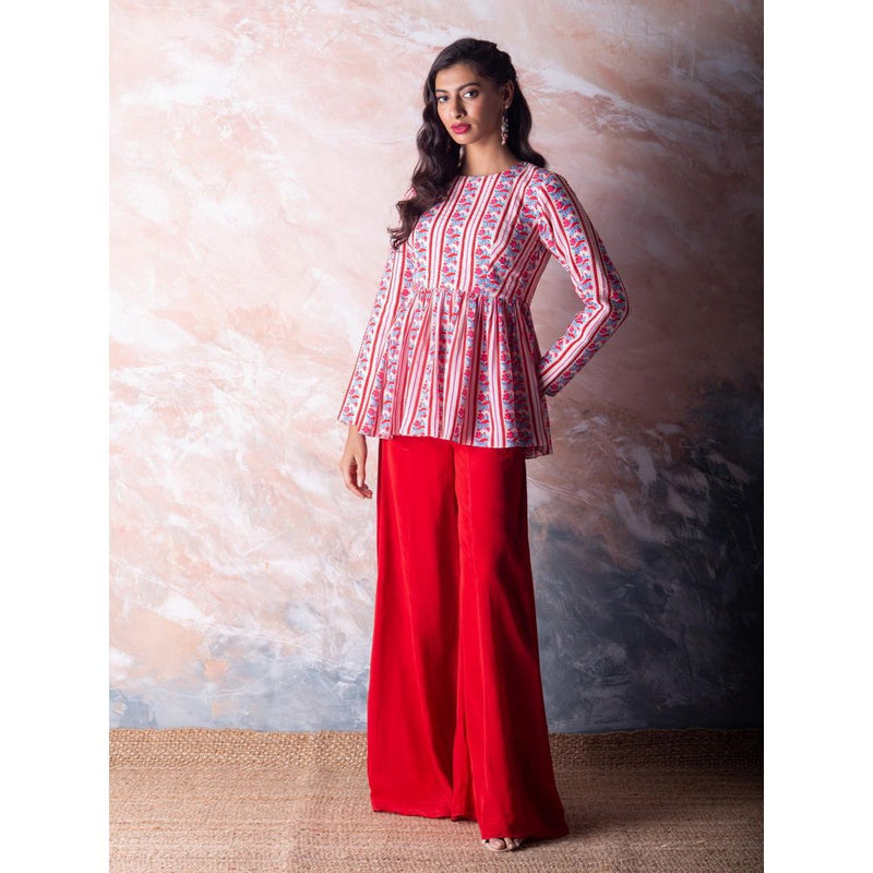 Vama Asher Red Bird Stripe Peplum Top With Palazzo (Set of 2)