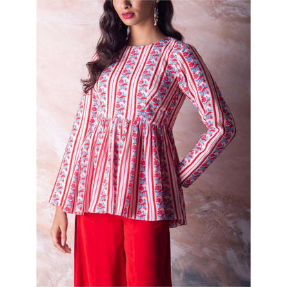Vama Asher Red Bird Stripe Peplum Top With Palazzo (Set of 2)