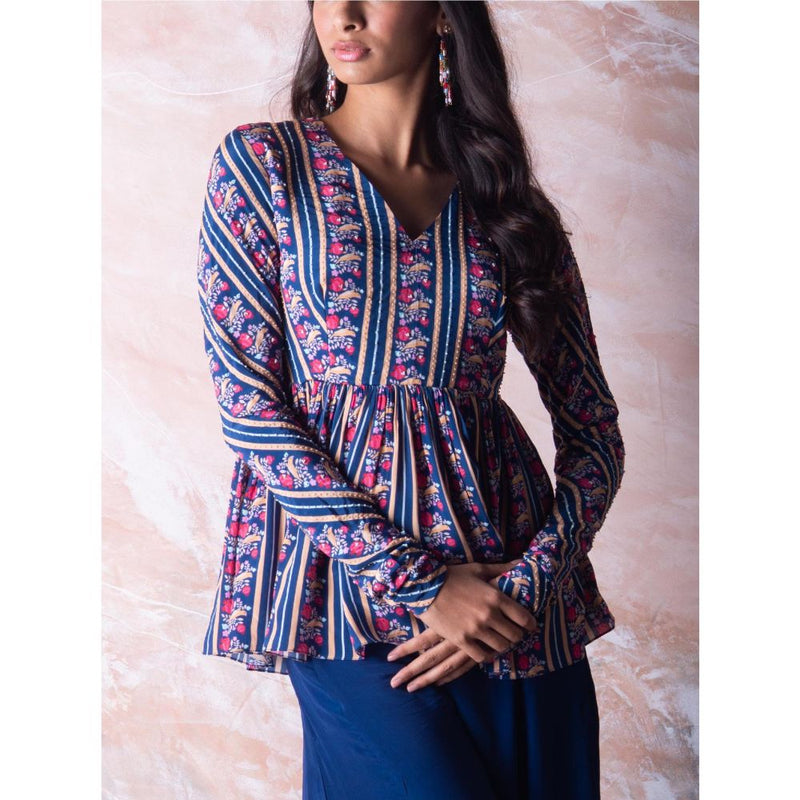 Vama Asher Navy Bird Stripe Peplum Top With Palazzo (Set of 2)