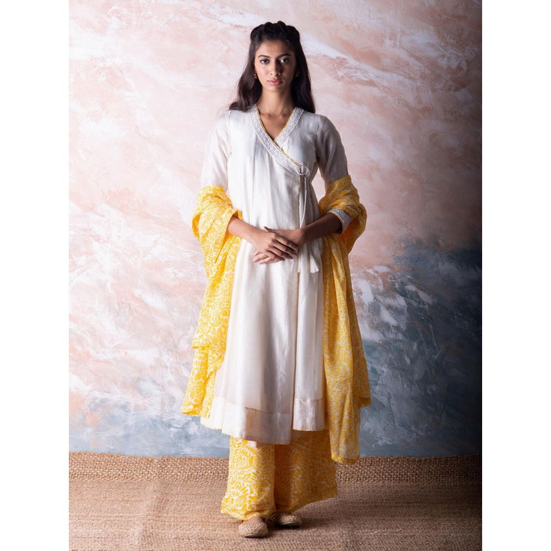 Vama Asher Off-White Angrakha Kurta With Palazzo And Dupatta (Set of 3)