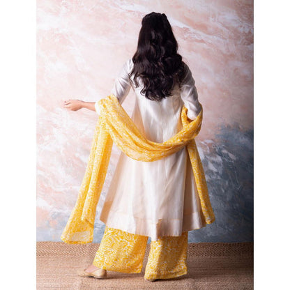 Vama Asher Off-White Angrakha Kurta With Palazzo And Dupatta (Set of 3)