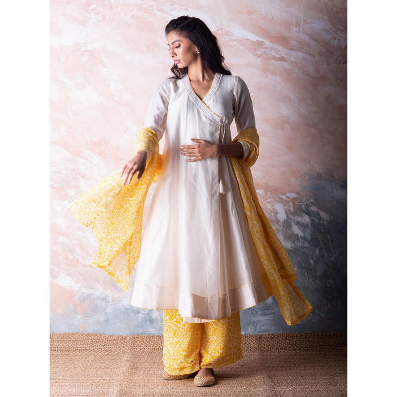 Vama Asher Off-White Angrakha Kurta With Palazzo And Dupatta (Set of 3)