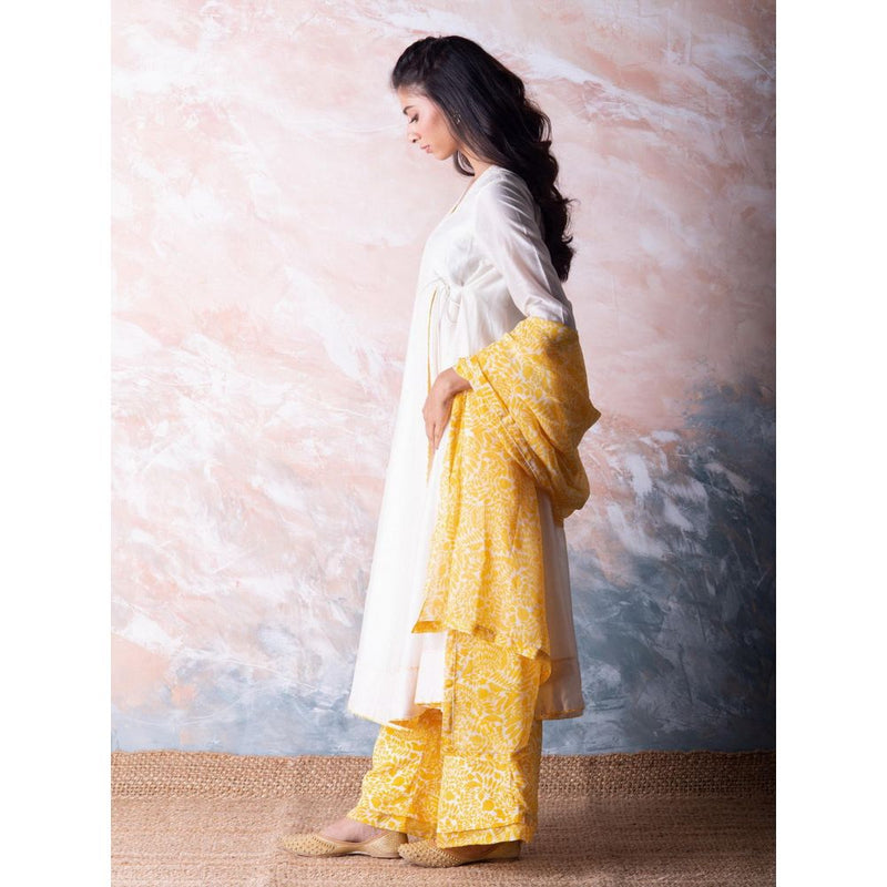 Vama Asher Off-White Angrakha Kurta With Palazzo And Dupatta (Set of 3)