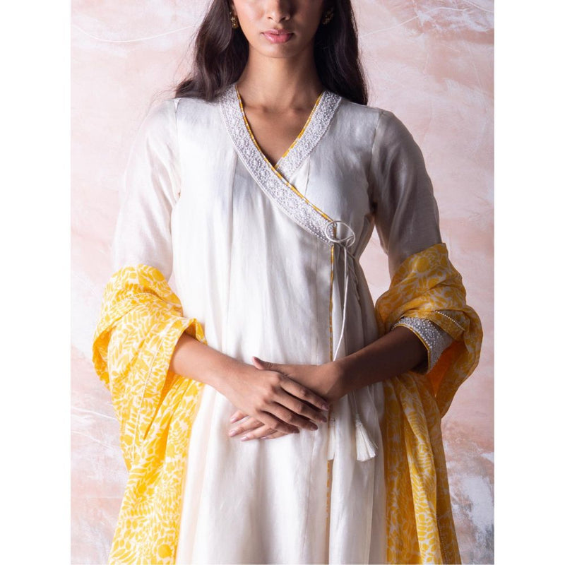Vama Asher Off-White Angrakha Kurta With Palazzo And Dupatta (Set of 3)