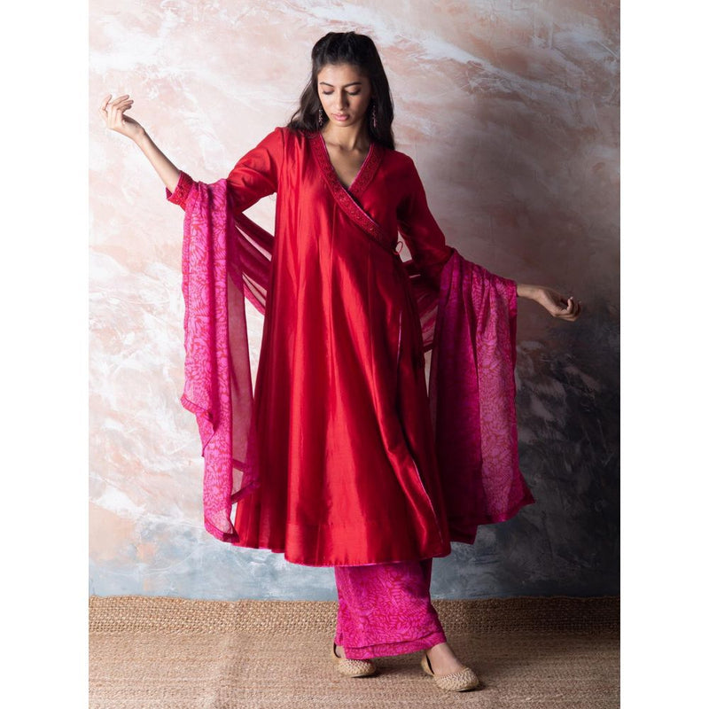 Vama Asher Red Angrakha Kurta With Palazzo And Dupatta (Set of 3)
