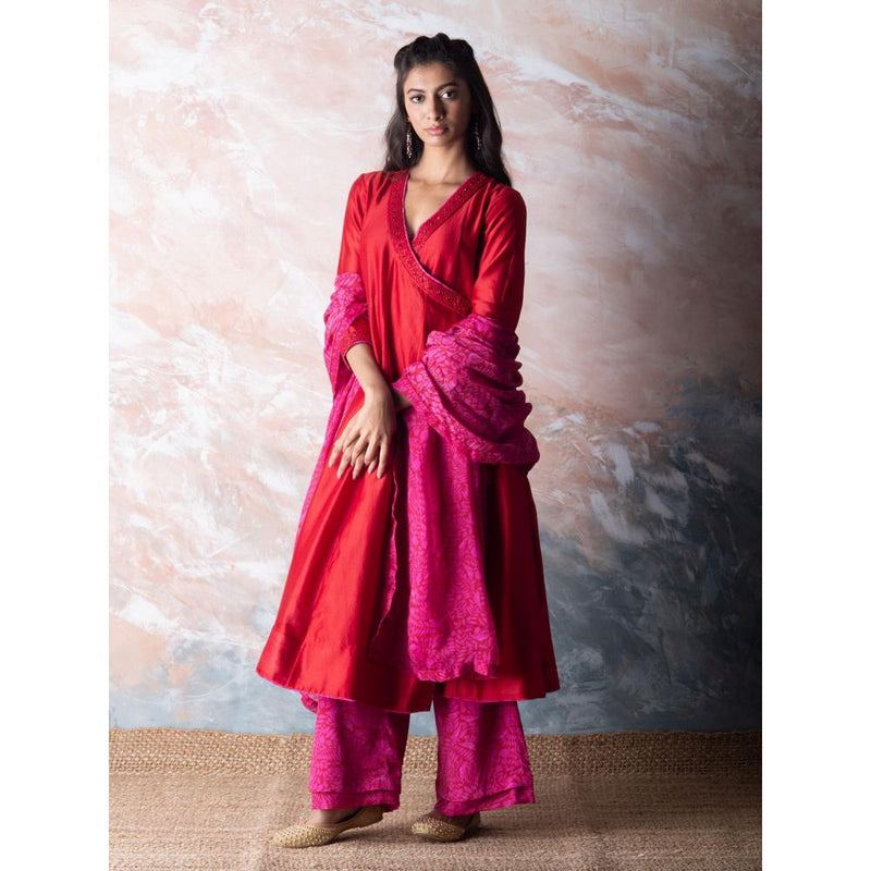 Vama Asher Red Angrakha Kurta With Palazzo And Dupatta (Set of 3)