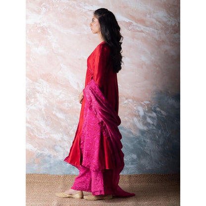 Vama Asher Red Angrakha Kurta With Palazzo And Dupatta (Set of 3)