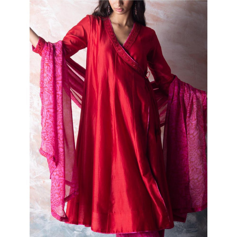 Vama Asher Red Angrakha Kurta With Palazzo And Dupatta (Set of 3)