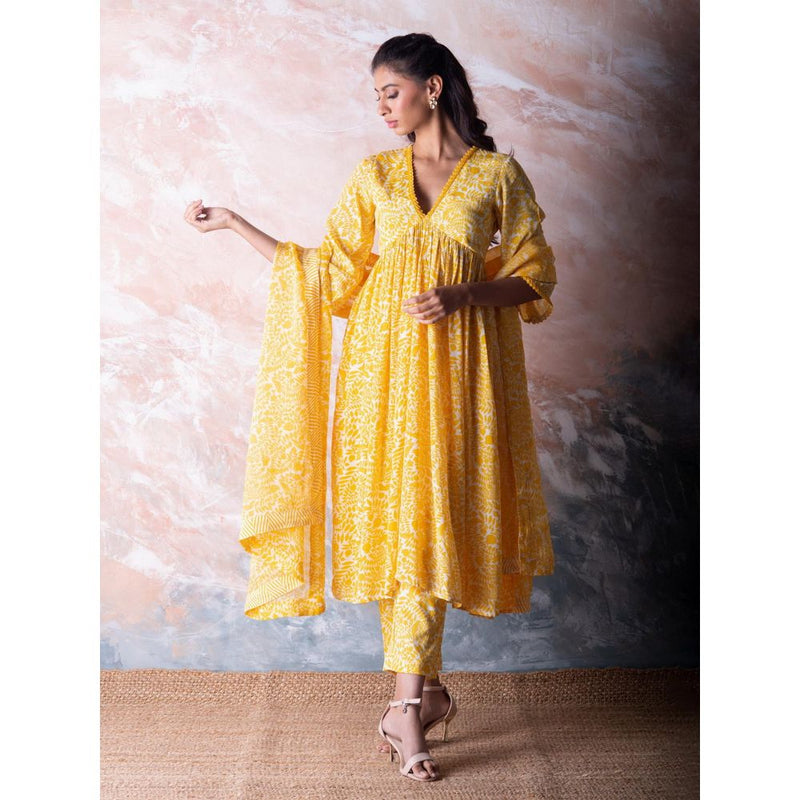 Vama Asher Canary Yellow Pomegranate Kurta With Pant And Dupatta (Set of 3)