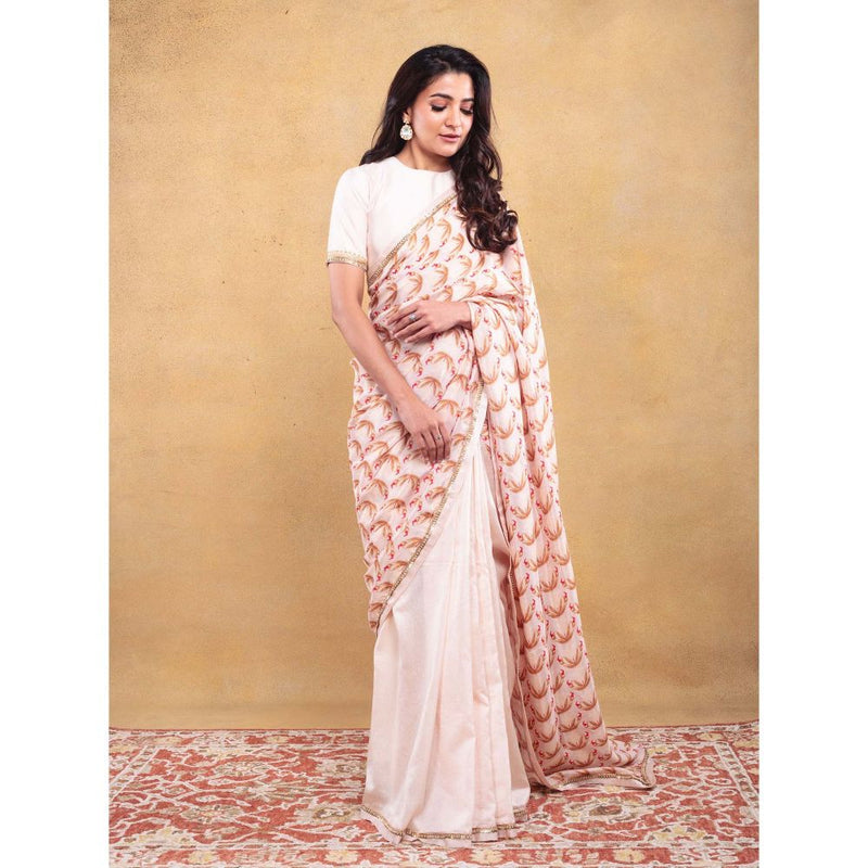 Vama Asher Ivory Motif Embroidered Saree with Unstitched Blouse