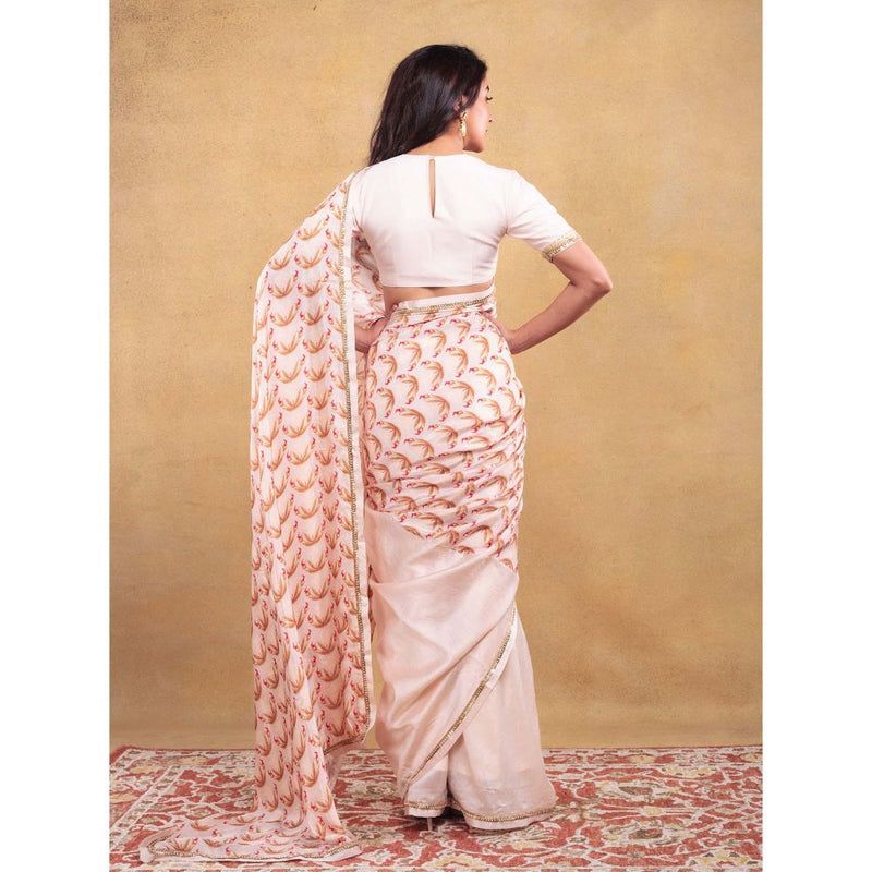 Vama Asher Ivory Motif Embroidered Saree with Unstitched Blouse