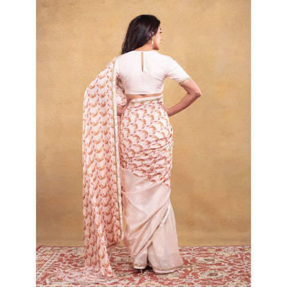 Vama Asher Ivory Motif Embroidered Saree with Unstitched Blouse