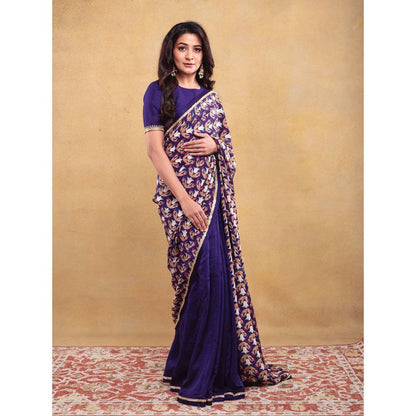Vama Asher Navy Blue Motif Embroidered Saree with Unstitched Blouse