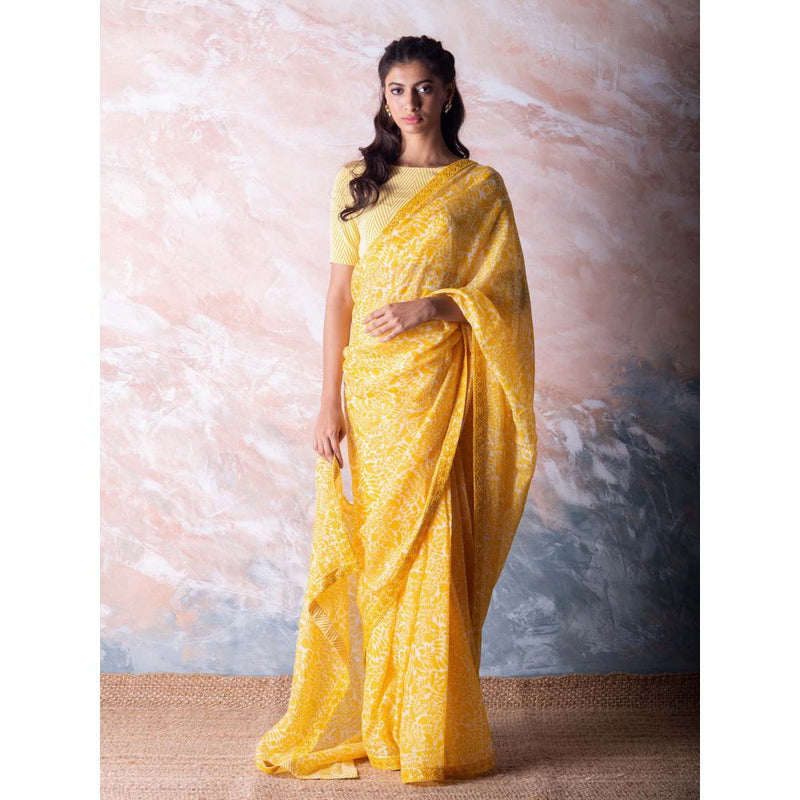 Vama Asher Canary Yellow Pomegranate Organza Saree with Unstitched Blouse