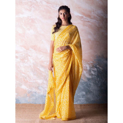 Vama Asher Canary Yellow Pomegranate Organza Saree with Unstitched Blouse