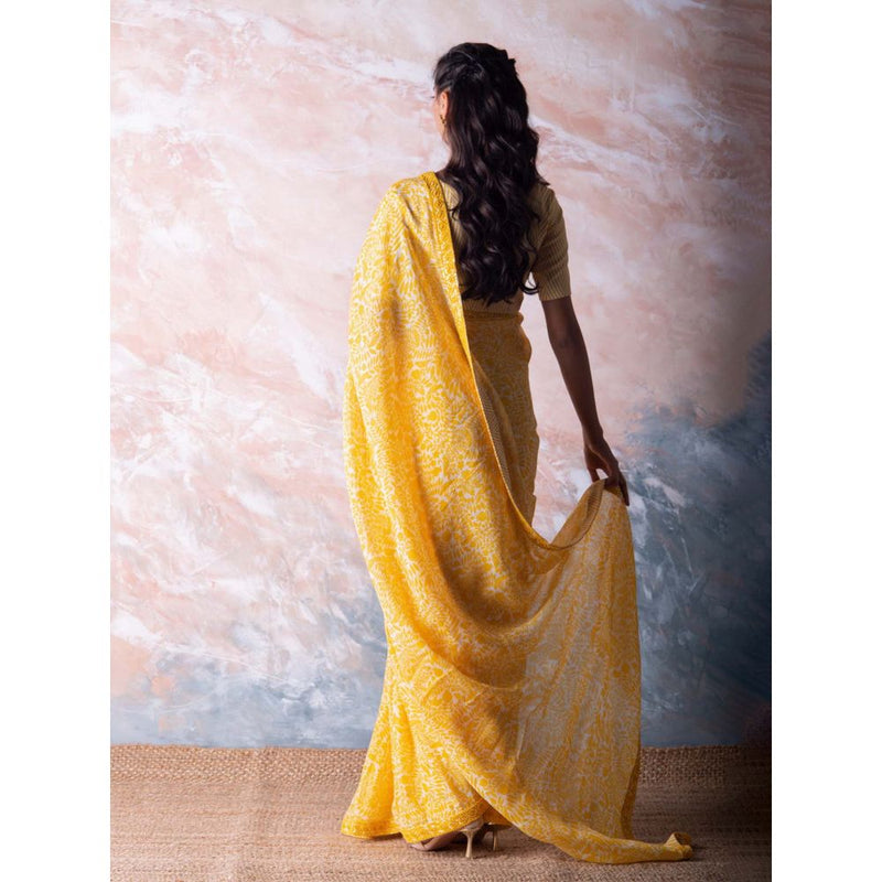 Vama Asher Canary Yellow Pomegranate Organza Saree with Unstitched Blouse