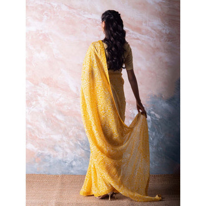 Vama Asher Canary Yellow Pomegranate Organza Saree with Unstitched Blouse