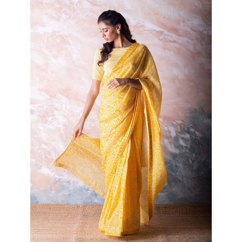Vama Asher Canary Yellow Pomegranate Organza Saree with Unstitched Blouse