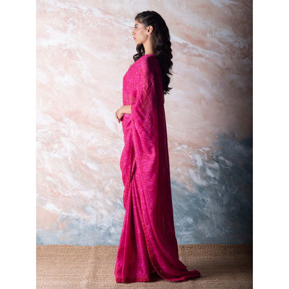 Vama Asher Cerise Pink Pomegranate Organza Saree with Unstitched Blouse