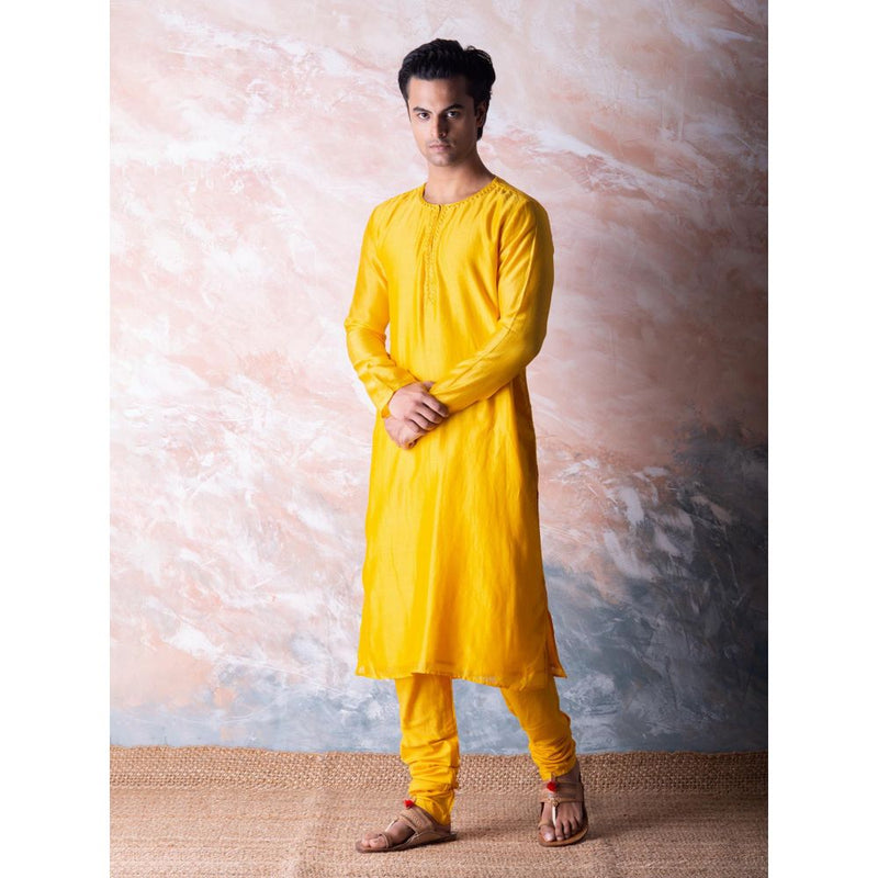 Vama Asher Yellow Embroidered Kurta with Churidar (Set of 2)