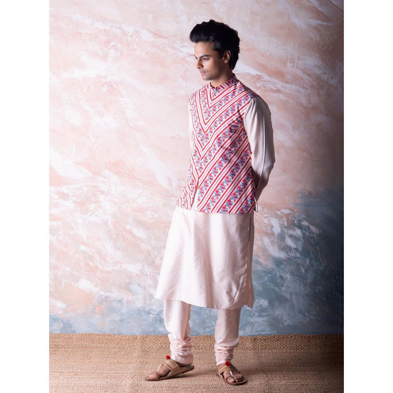 Vama Asher Blush Pink Stripe Nehru Jacket & Kurta with Churidar (Set of 3)