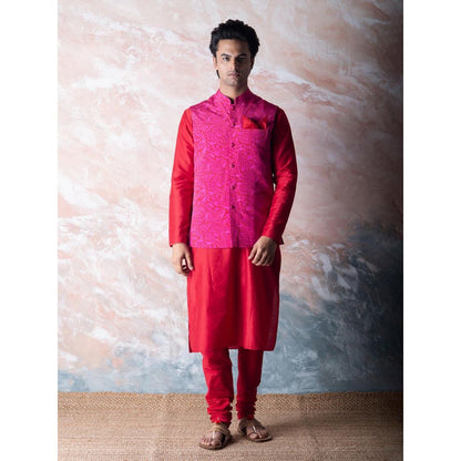 Vama Asher Red Pomegranate Nehru Jacket & Kurta with Churidar (Set of 3)