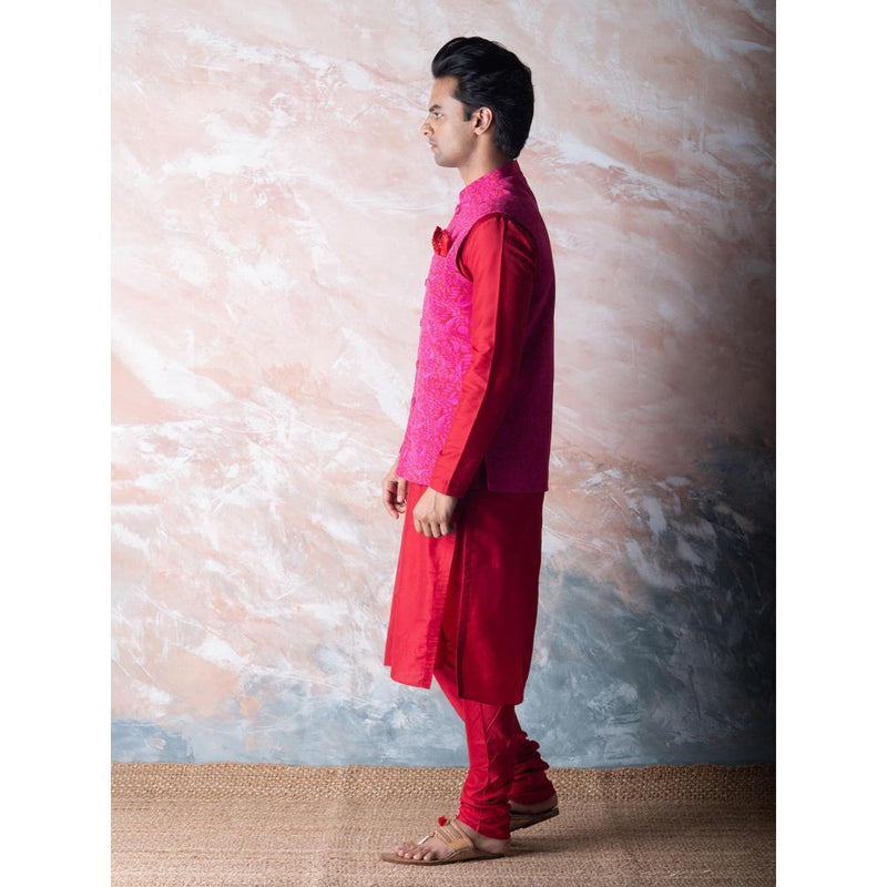 Vama Asher Red Pomegranate Nehru Jacket & Kurta with Churidar (Set of 3)