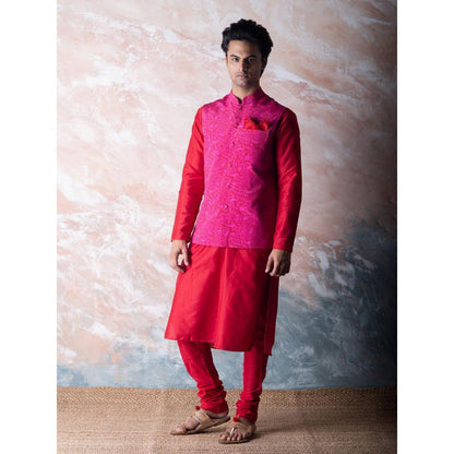 Vama Asher Red Pomegranate Nehru Jacket & Kurta with Churidar (Set of 3)
