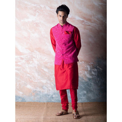 Vama Asher Red Pomegranate Nehru Jacket & Kurta with Churidar (Set of 3)