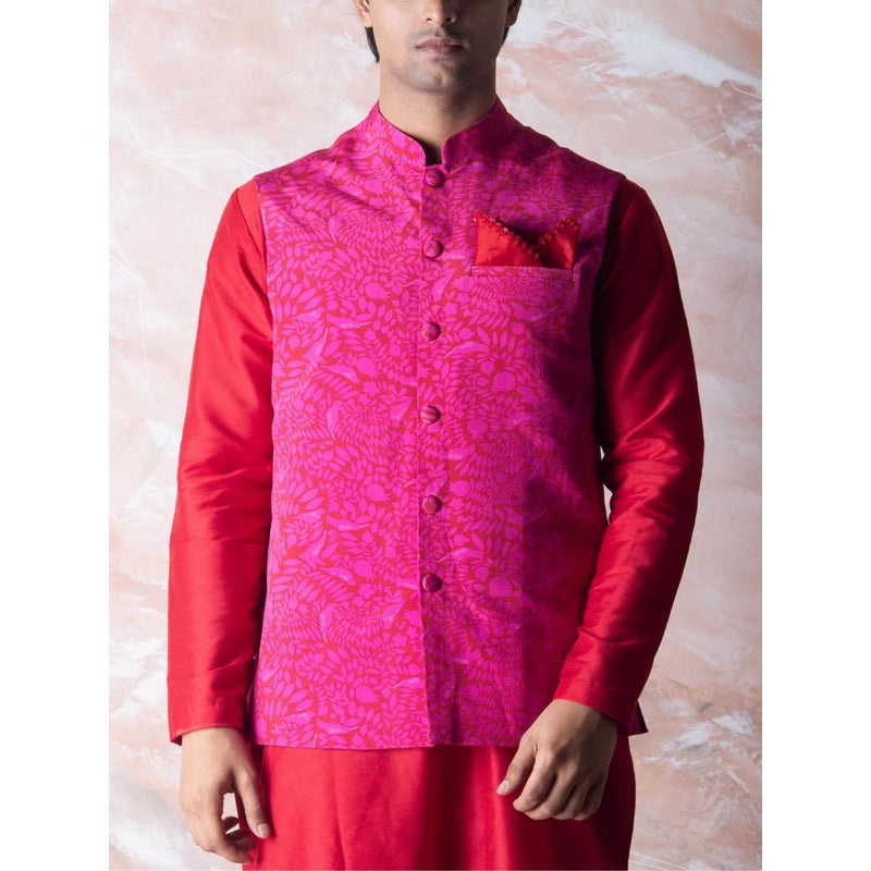 Vama Asher Red Pomegranate Nehru Jacket & Kurta with Churidar (Set of 3)