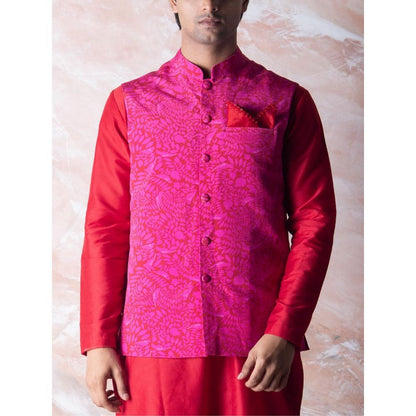 Vama Asher Red Pomegranate Nehru Jacket & Kurta with Churidar (Set of 3)
