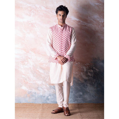 Vama Asher Off White Flower Butti Nehru Jacket & Kurta with Pant (Set of 3)