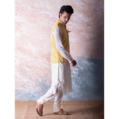 Vama Asher Canary Yellow Pomegranate Nehru Jacket & Kurta with Churidar (Set of 3)